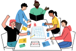 Graphic of multiple people around a table with game board and jumping with fun