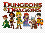 Dungeons and Dragons words with children dressed as fantasy characters underneath
