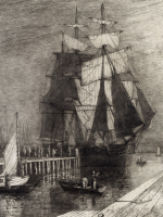 1800s etching of a whaler returning to port
