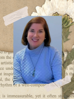 Pressed white flower on torn paper with an image of author Janis Daly.