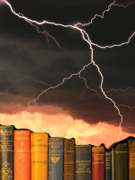 white lightning strike across a dark sky, landing on books superimposed in the foreground