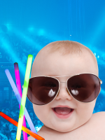 A baby wearing sunglasses and holding glow sticks superimposed over a concert crowd lit in blue.