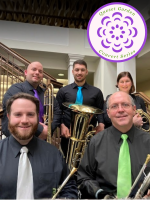 5 brass band players with horns, tuba, and trumpets