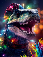 Realistic looking dinosaur wrapped in Christmas string lights is being splattered by paint from an u