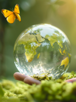 A child's hands hold the Earth while an orange butterfly flies overhead.