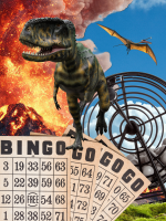 A t-rex roars in front of an exploding volcano and a bingo cage.