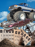 A blue Monster Truck smashes a maroon car in front of a blue sky and a bingo cage.