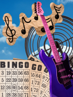 A purple and pink electric guitar is propped in front of a blue sky and a bingo cage.