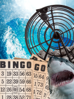 A shark snaps its jaws in front of a big, blue wave and a bingo cage.