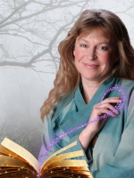 Image of a white, middle-aged, blonde storyteller with an open book and purple magic pouring from he