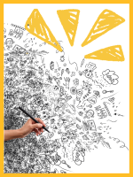 a hand holding a pen hovering over black doodles on white paper