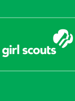 green field with white girl scout trefoil logo + words "Girl Scouts"