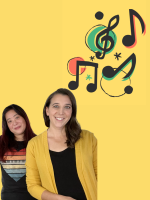 A mustard yellow background with Mara & Mokoto, two women with long dark brown hair. Colorful graphi