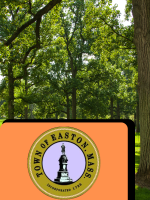 Town of Easton (MA) seal set on black/orange boxes, superimposed over tree-lined park