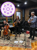 performers from Sinner's Pie play their instruments, standing at microphones
