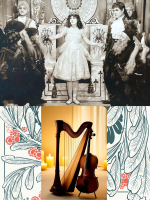 black and white image from Snow White silent movie + images of harp & violin