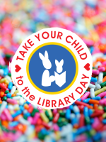 Take Your Child to the Library Day branded logo (basic outline of a rabbit family sharing books) aga