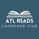 Blue background with white graphic of open book with text reading "ATL Reads: Cookbook Club"