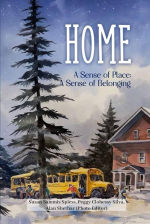 Cover of “Home: A Sense of Place, A Sense of Belonging,” showing school buses and children outsi