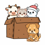 Cartoon animals in a box.
