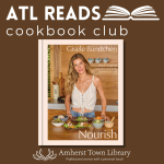ATL Reads Cookbook Club featuring 'Nourish' by Gisele Bündchen, with a cover showing the author pre