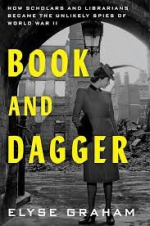 The book cover for "Book and Dagger" by Elyse Graham features a person in a vintage suit and hat sta