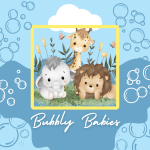 zoo animals in a yellow frame with a blue background and bubbles for bubbly babies.