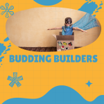 child in a box pretending to fly with a blue scarf.