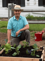 a person in a hat and blue shirt kneeling in a raised garden bed