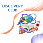Discovery Club rocket, open book, telescope and science objects.