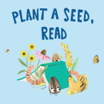 Open book with worm under it, a seed and egg peeking around and a chicken on the side.
