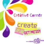 Splashes of color announcing Creative Corner with words in colorful boxes.