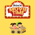Drive In Movie at the library with kids in a box made into a car.
