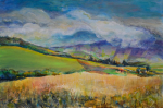 Vibrant landscape painting featuring rolling green hills under a dramatic cloudy sky, with warm tone