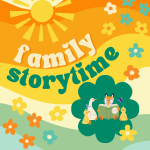 family storytime with flowers and a group of animals reading.