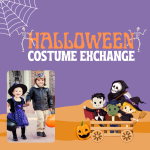 kids in halloween costumes holding hands and cartoon kids in a wagon.