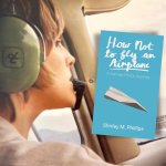 Photograph of female airplane pilot in cockpit flying plane, image of book with bright light blue co
