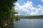 NH Lake with blue skies and tree filled shoreline