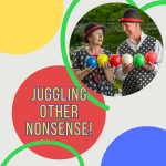 Two jugglers holding juggling balls and looking at each other with fun smiles.