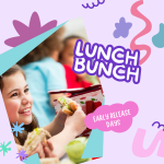 lunch bunch with kids eating and whimsical purple background.