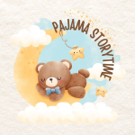 Teddy bear sleeping on a moon with clouds around.