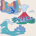 Cartoon renderings of an a cracked road and broken buildings, and erupting volcano, and a large wave