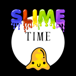 slimy letters spell slime with a slime cartoon figure over a white circle on a black background