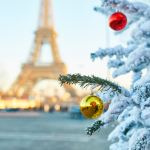 Snowy Christmas Tree with Eiffel Tower in background