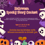 spooky story contest with halloween decor around the border.