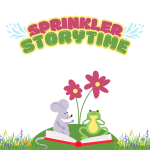 a mouse and frog reading a book on a hill with a flower under the words sprinkler storytime.