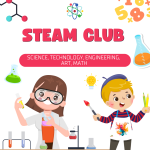 girl scientist and boy artist with science and art around them.