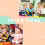 Tots and Tunes with babies playing musical instruments.