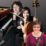 3 photographs layered on top of each other of 3 individuals each pictured with an instruments clarin