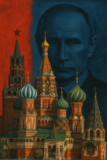 St. Basil's Cathedral with vibrant domes against a dark silhouette of Vladimir Putin.